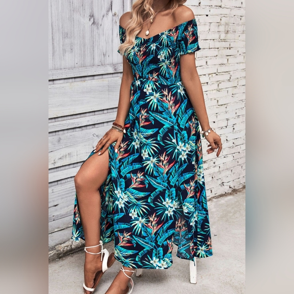 Tropical Floral Off-Shoulder Smocked Bodice Double Slit Summer Maxi Dress